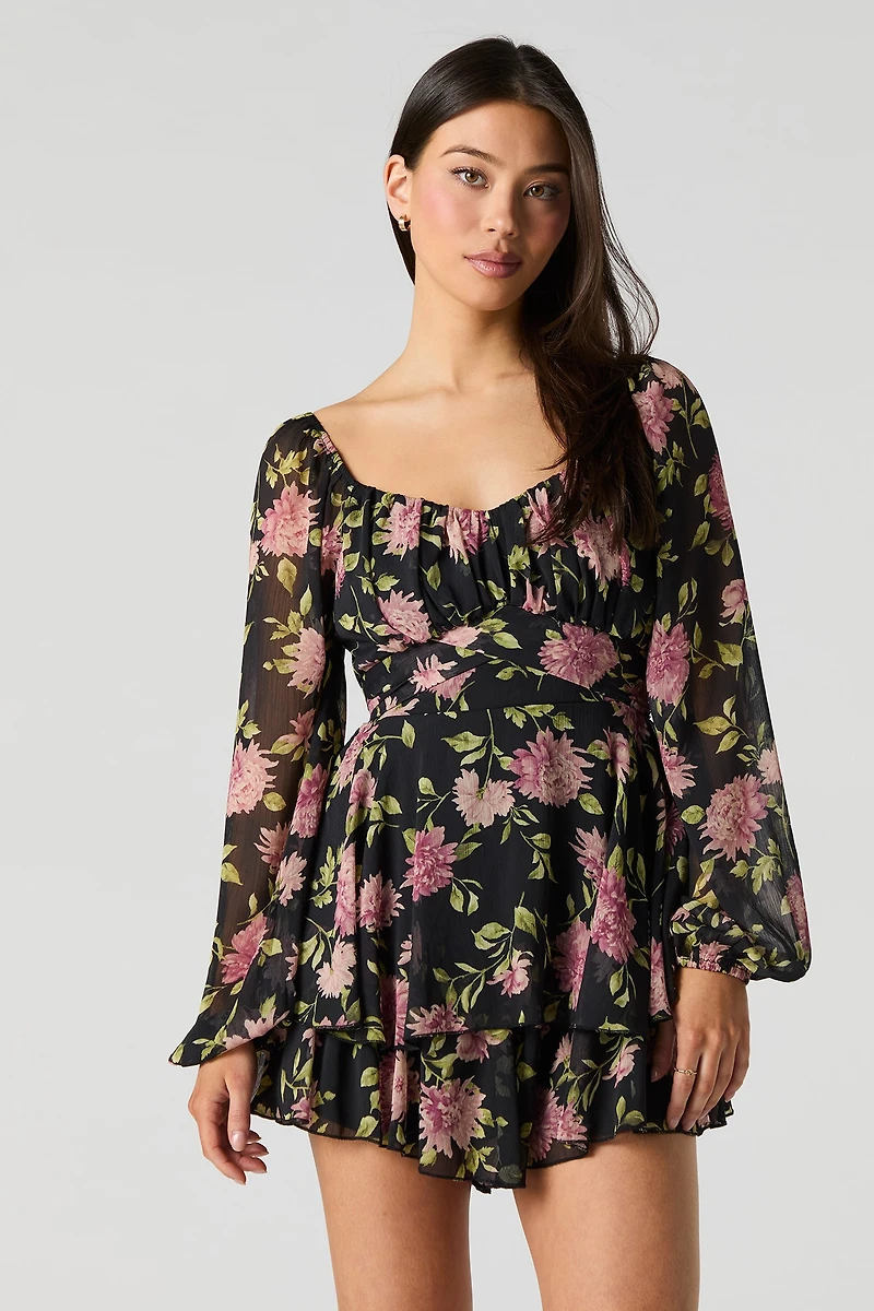 Minicombi-short volanté en chiffon à manches longues