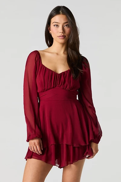 Chiffon Tiered Long Sleeve Mini Romper