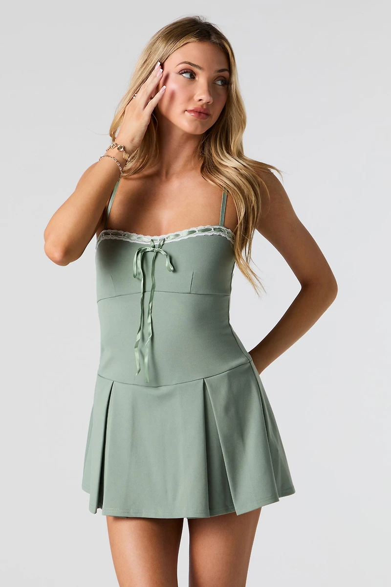 Tie Front Lace Trim Pleated Romper