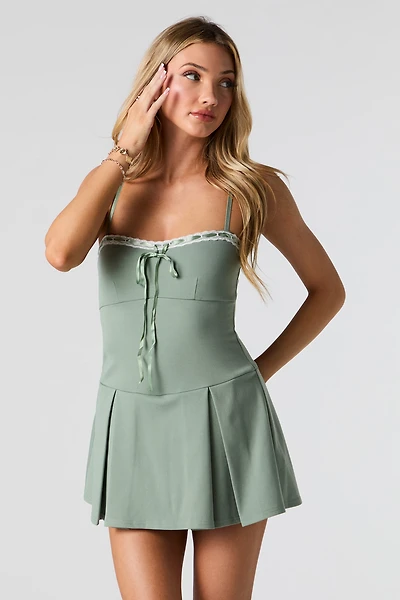 Tie Front Lace Trim Pleated Romper