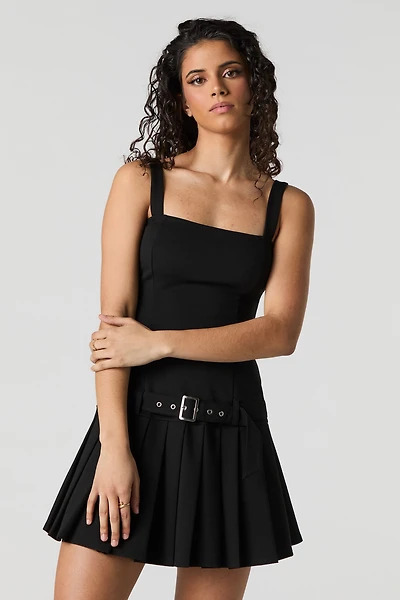 Belted Pleated Mini Dress