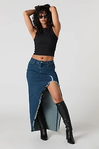 Slit Ripped Denim Midi Skirt