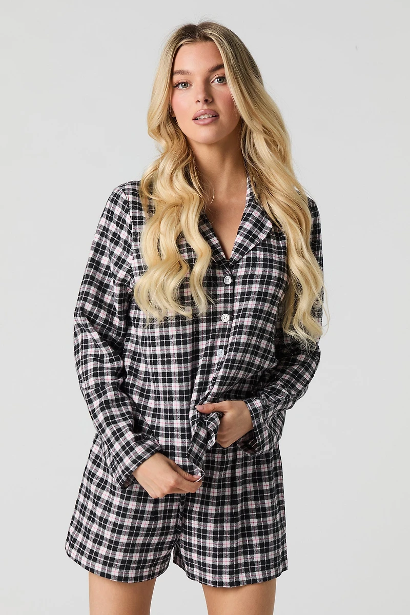 Flannel Button-Up Top & Short 2 Piece Pajama Set