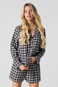 Flannel Button-Up Top & Short 2 Piece Pajama Set