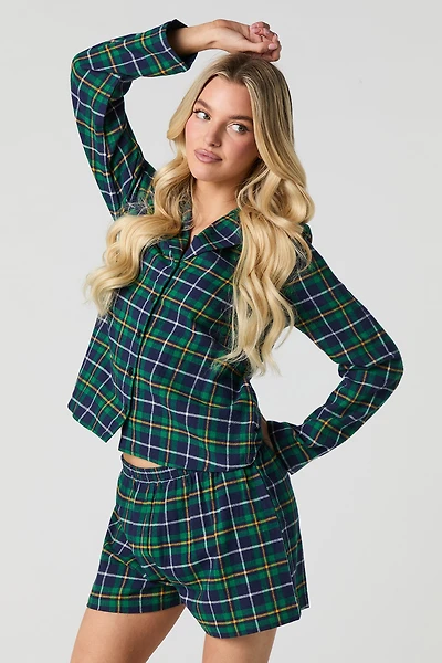 Flannel Button-Up Top & Short 2 Piece Pajama Set