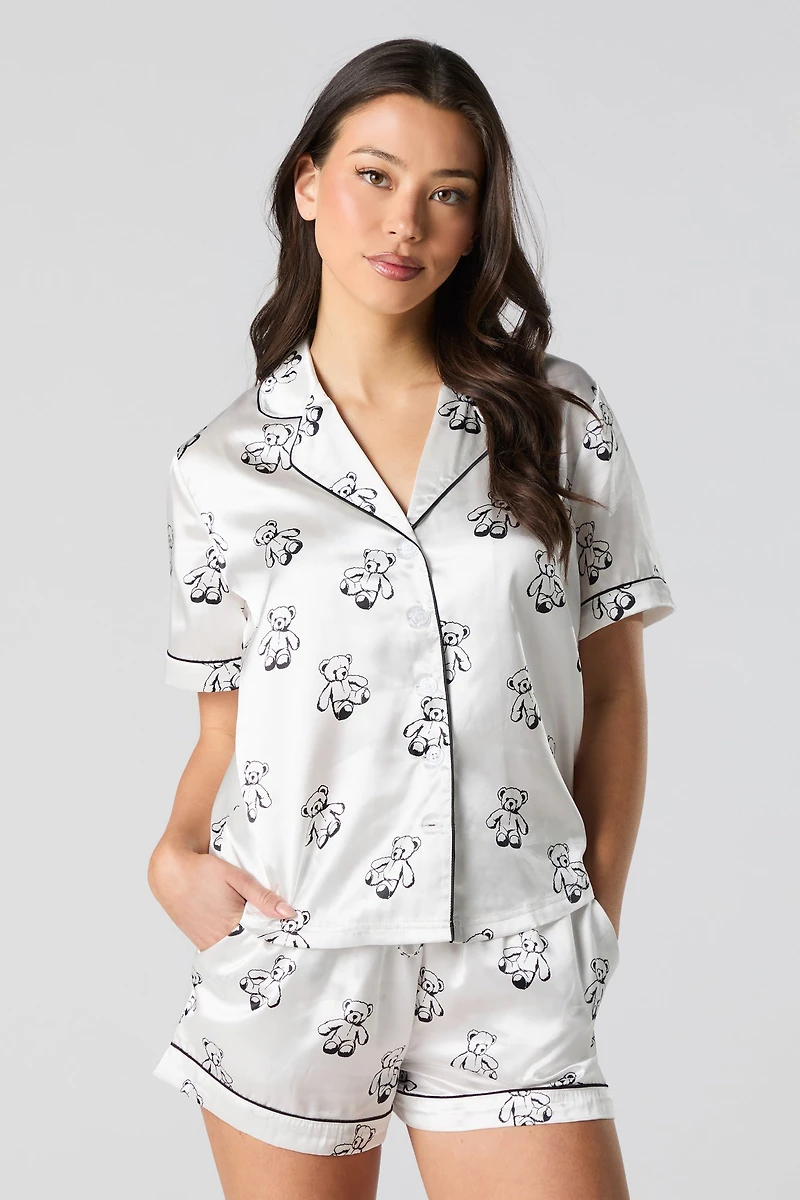 Satin Button-Up Top & Short 2 Piece Pajama Set
