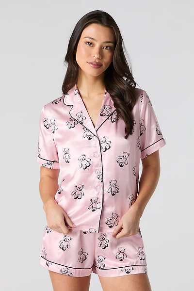 Satin Button-Up Top & Short 2 Piece Pajama Set