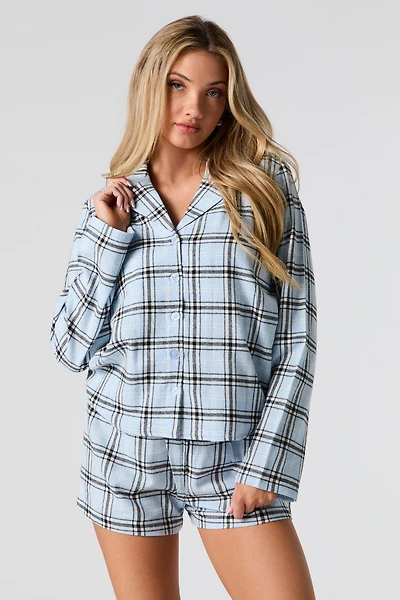 Flannel Button-Up Top & Short 2 Piece Pajama Set