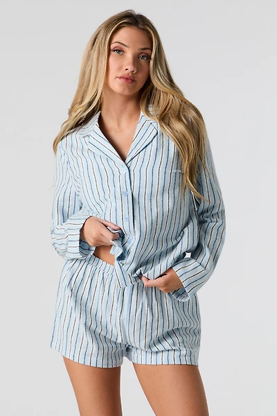 Flannel Button-Up Top & Short 2 Piece Pajama Set