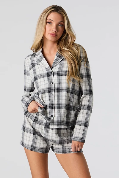 Flannel Button-Up Top & Short 2 Piece Pajama Set