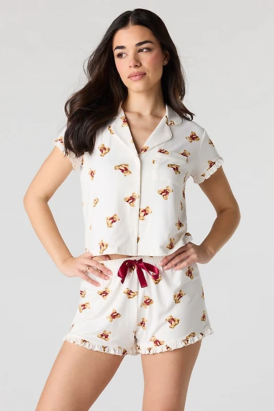 Ensemble pyjama avec haut boutonné imprimé à col et short