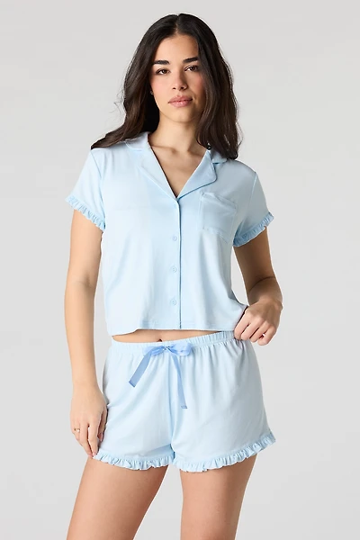 Printed Button-Up Collared Top & Short Pajama Set