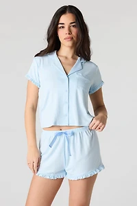 Printed Button-Up Collared Top & Short Pajama Set