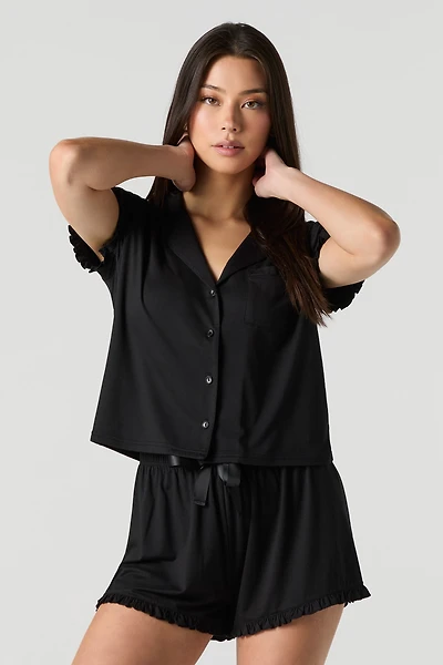 Ruffle Button-Up Top & Short 2 Piece Pajama Set
