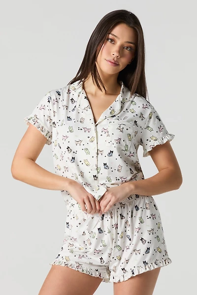 Ensemble-pyjama 2 pièces haut boutonné à volant et short