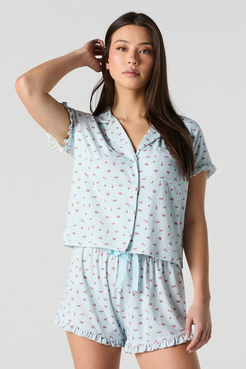Ensemble-pyjama 2 pièces haut boutonné à volant et short