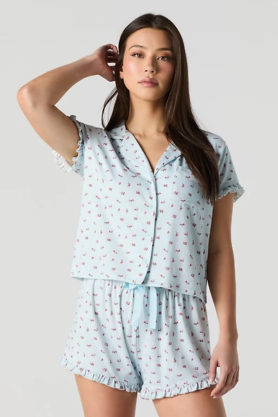 Ensemble-pyjama 2 pièces haut boutonné à volant et short