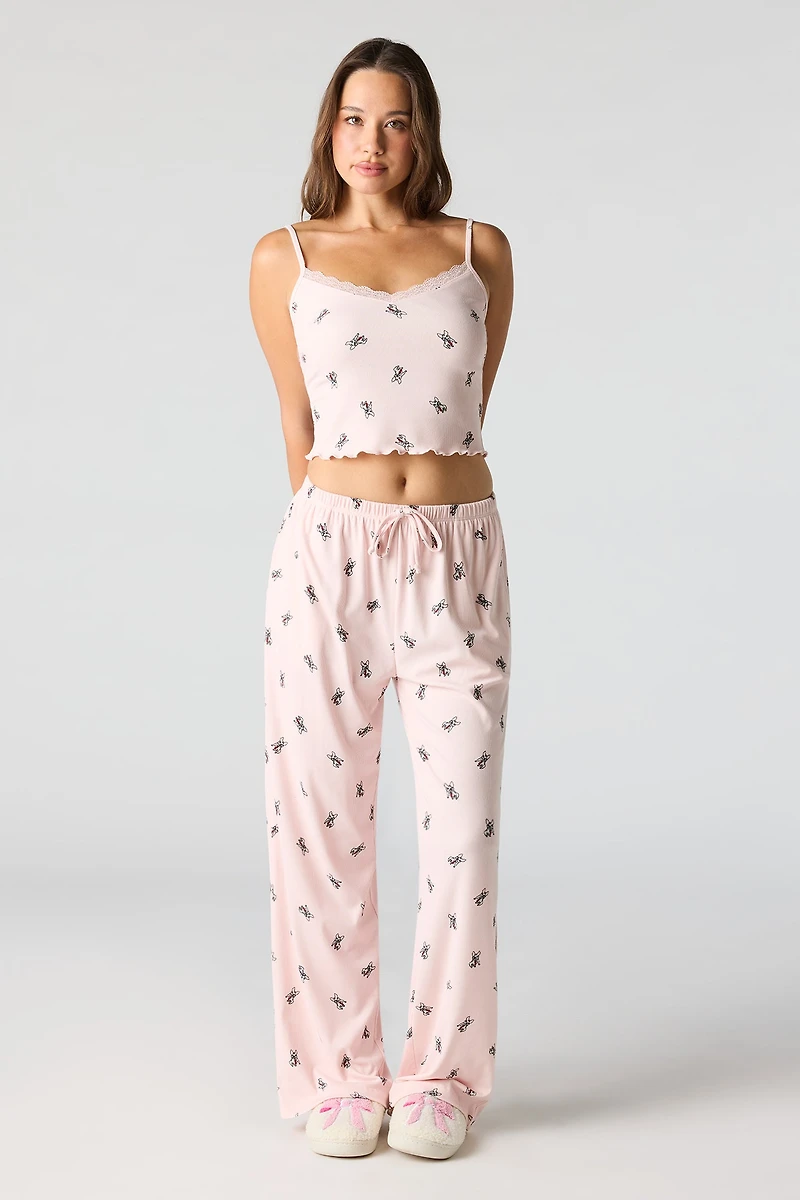 Ribbed Printed Top, Short & Pant 3 Piece Pajama Set