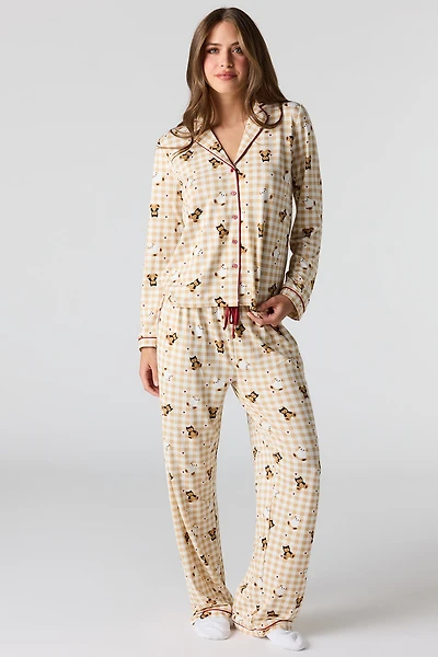 Halloween Printed Button-Up Top & Pant Pajama Set