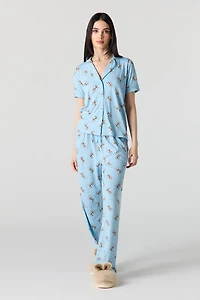 Button-Up Collared Top & Pajama Pant Short Set (3 Pieces)