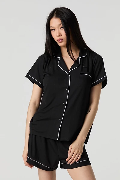 Ribbed Button-Up Top & Short 2 Piece Pajama Set
