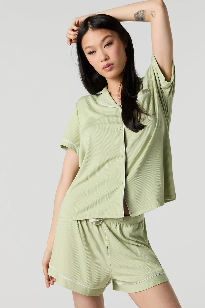 Ensemble-pyjama 2 pièces haut boutonné et short côtelés