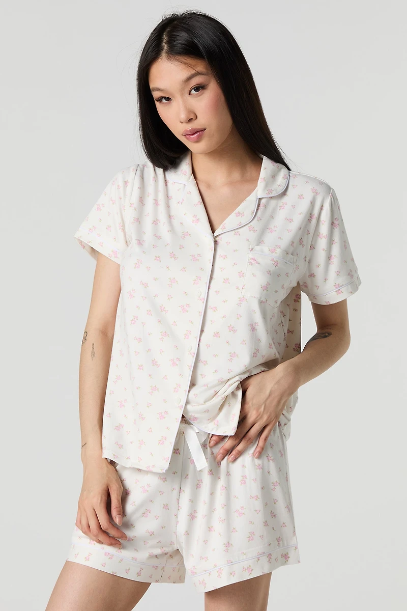 Ensemble-pyjama 2 pièces haut boutonné et short imprimés