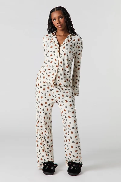 Ensemble pyjama avec haut boutonné et pantalon à imprimé Halloween