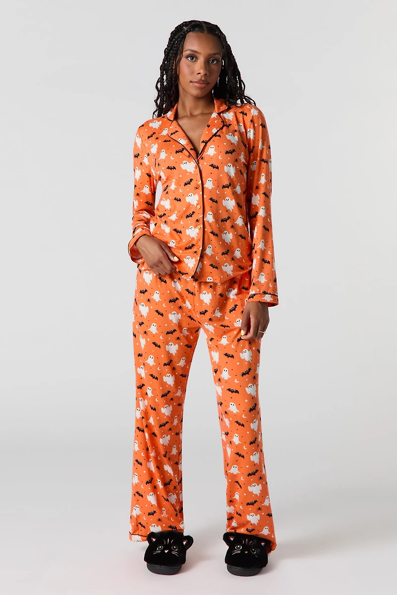 Ensemble pyjama avec haut boutonné et pantalon à imprimé Halloween