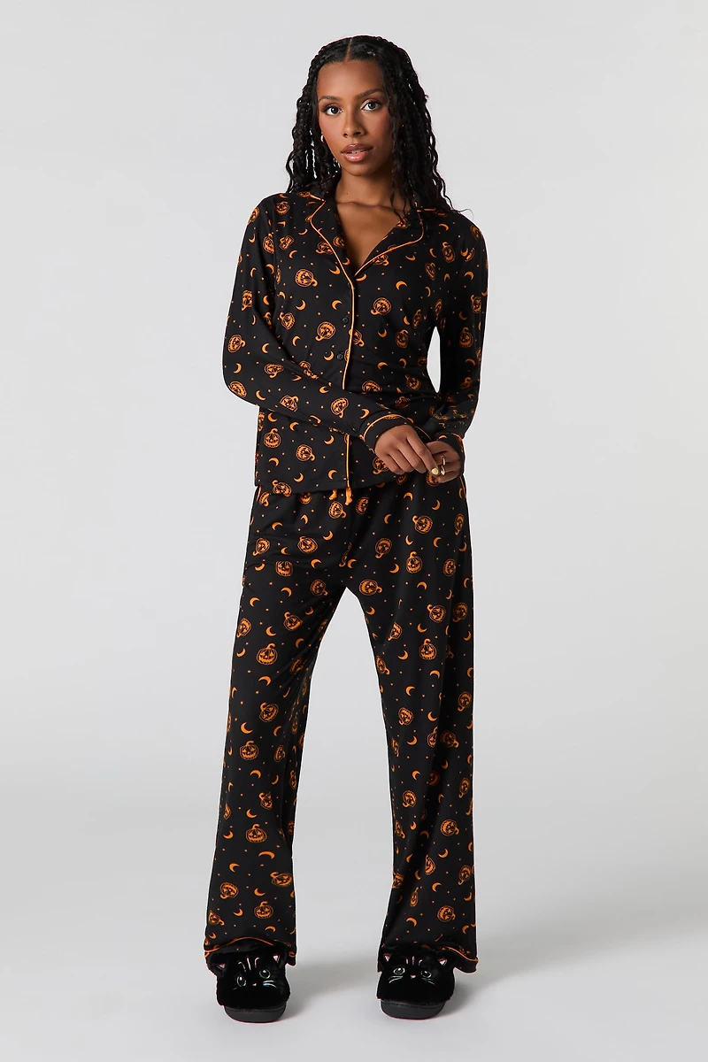 Halloween Printed Button-Up Top & Pant Pajama Set
