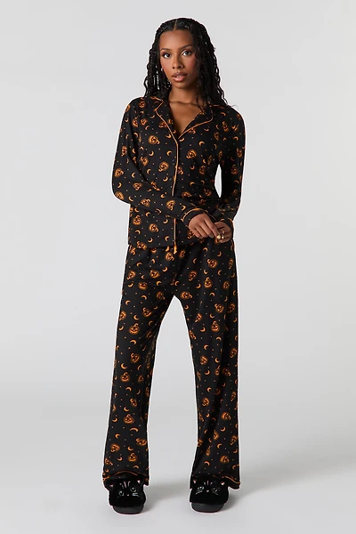 Halloween Printed Button-Up Top & Pant Pajama Set