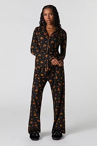Halloween Printed Button-Up Top & Pant Pajama Set