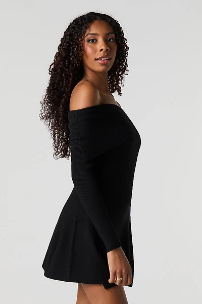 Ribbed Off Shoulder Mini Sweater Dress