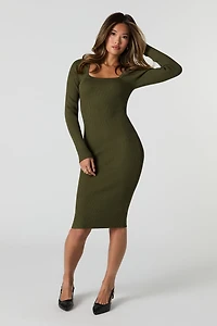 Ribbed Knit Long Sleeve Midi Sweater Dress
