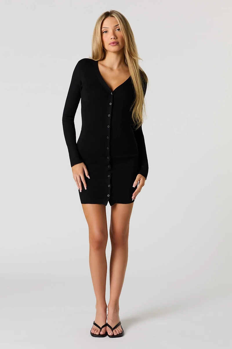 Ribbed Button-Up Sweater Dress