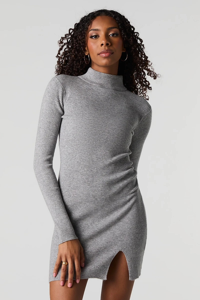 Ribbed Mock Neck Mini Sweater Dress