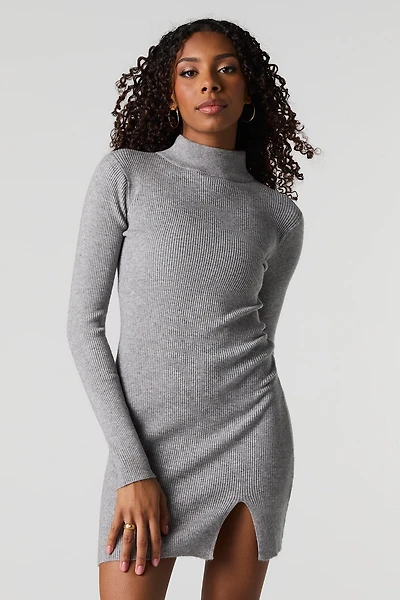 Ribbed Mock Neck Mini Sweater Dress