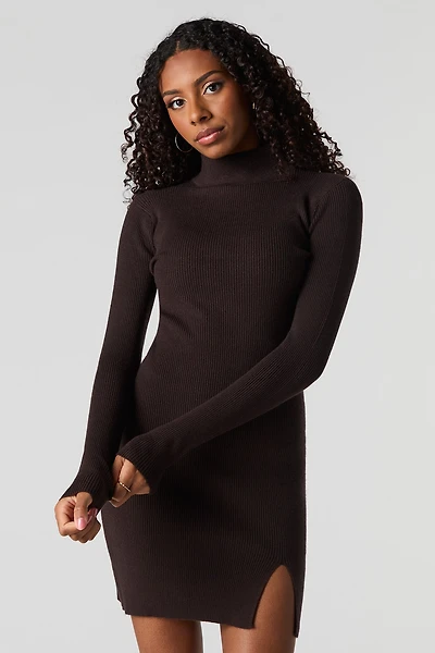 Ribbed Mock Neck Mini Sweater Dress