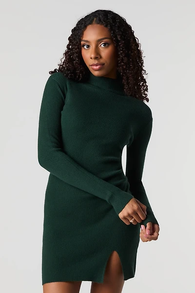 Ribbed Mock Neck Mini Sweater Dress