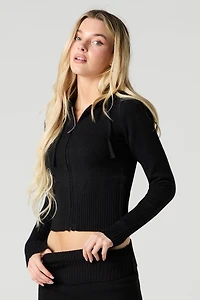 Ribbed Knit Zip-Up Hoodie