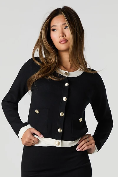 Contrast Trim Button Front Knit Cardigan