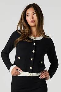 Contrast Trim Button Front Knit Cardigan