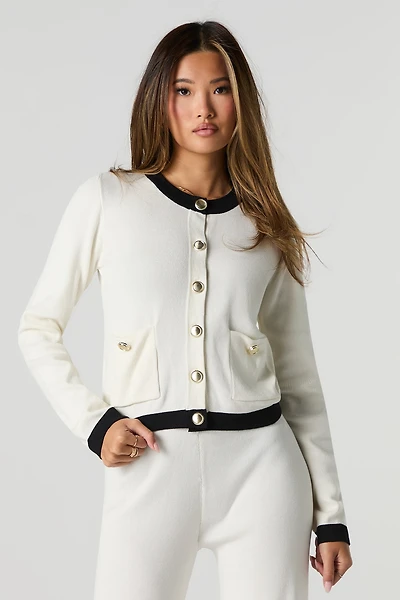 Cardigan en tricot boutonné à l'avant avec bordure contrastante