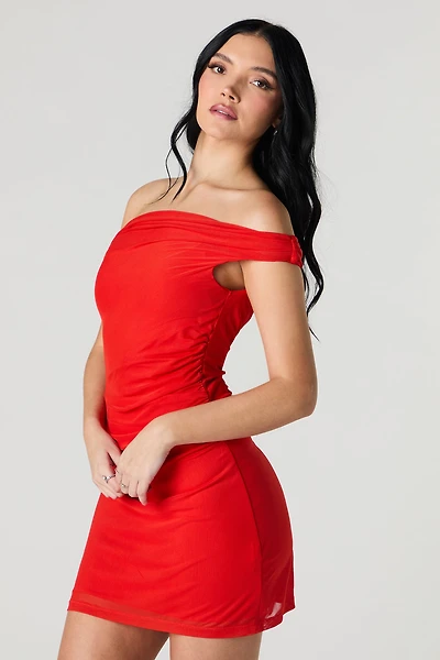 Mesh Ruched Off Shoulder Mini Dress