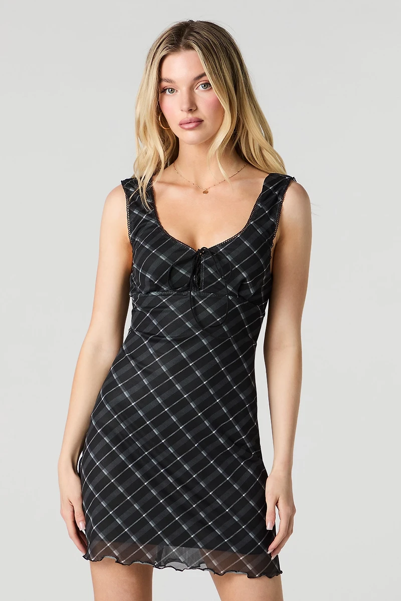 Printed Mesh Tie Front A-Line Mini Dress