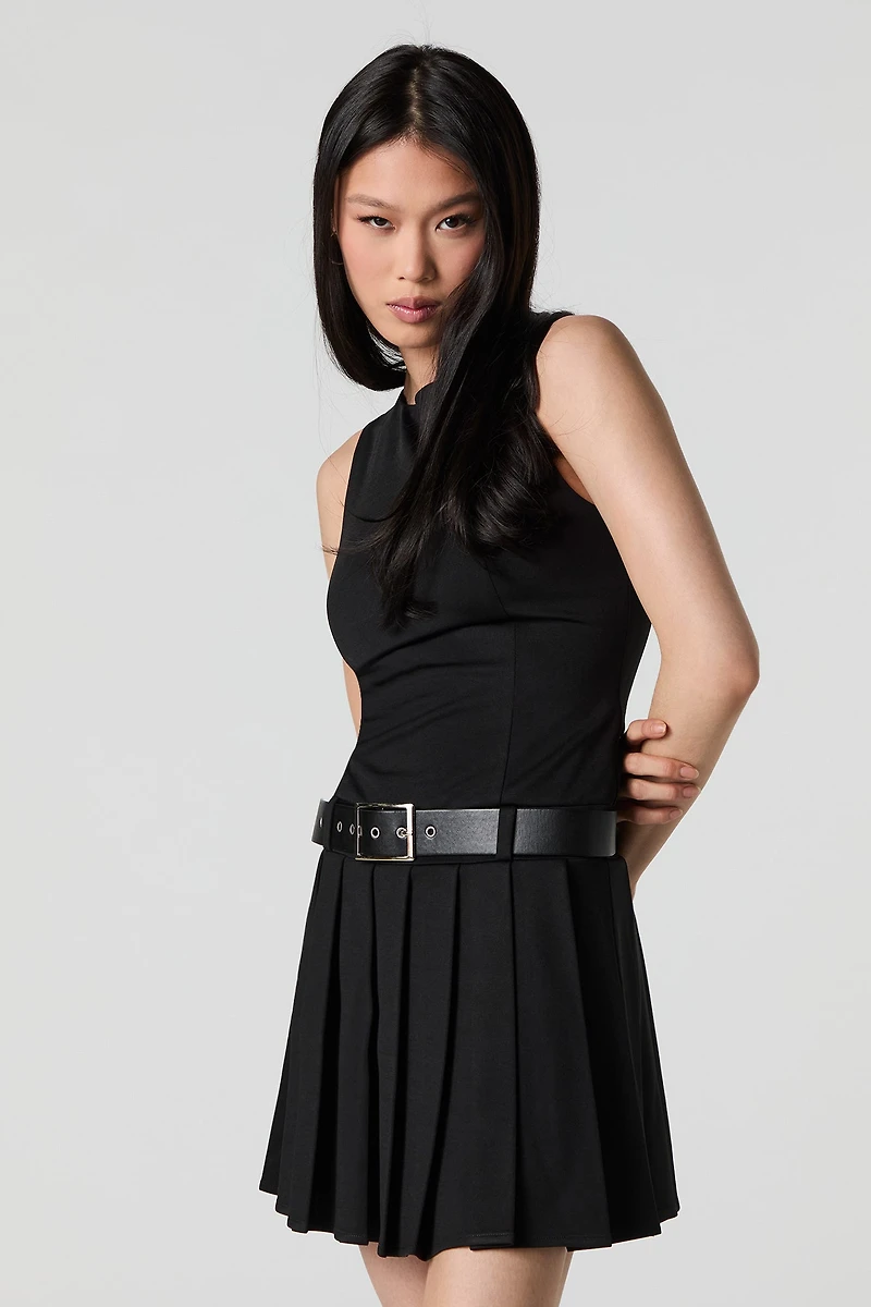 Belted Pleated Mini Dress