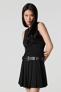 Belted Pleated Mini Dress