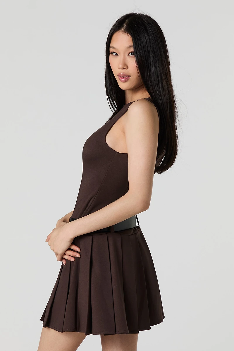 Belted Pleated Mini Dress