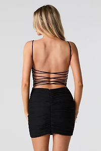 Mesh Ruched Strappy Back Mini Dress