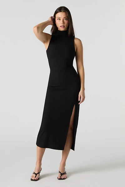 Ribbed Knit Mock Neck Midi Dress